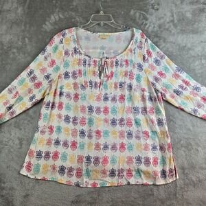 Modcloth Top Womens 2X Cream Patterned Key Hole‎ Neck Pleated Roll Tab Sleeve